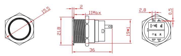 19mm Momentary Latching Waterproof IP67 1NO1NC Flat Head Metal Push Button with 3Pin Terminal No Light Drawing